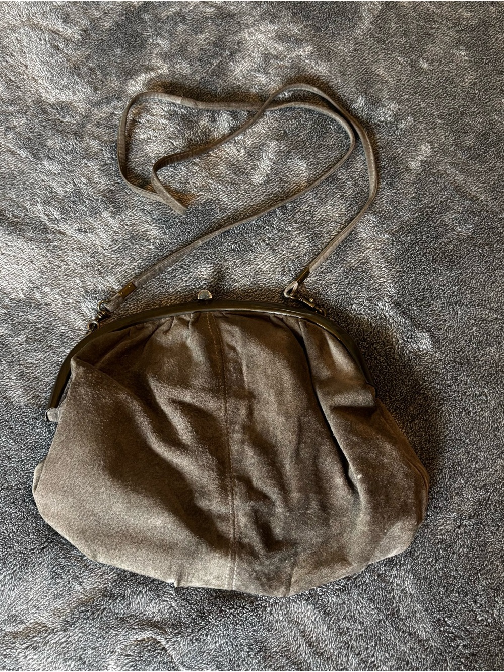 Genuine Leather Suede Kiss Lock Frame Crossbody Bag Taupe Gray